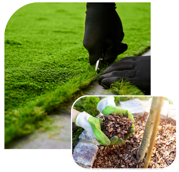 A person in gloves trims grass while another is mulching to maintain a well garden.