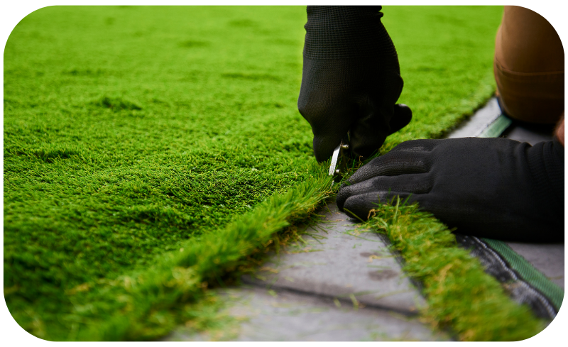 A person wearing black gloves is trimming grass with a lawnmower in a well-maintained garden.